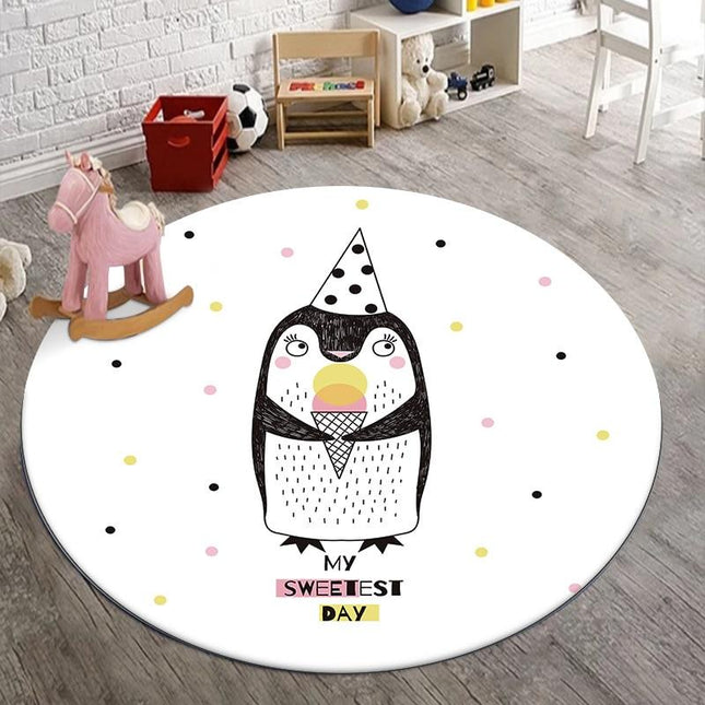 Runder Spielteppich mit feierndem Pinguin