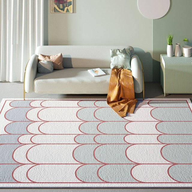 Moderner Skandi-Teppich Blau Weiß Bogenmuster