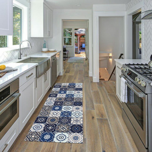 Küchenläufer in blauer Zementfliesen-Optik