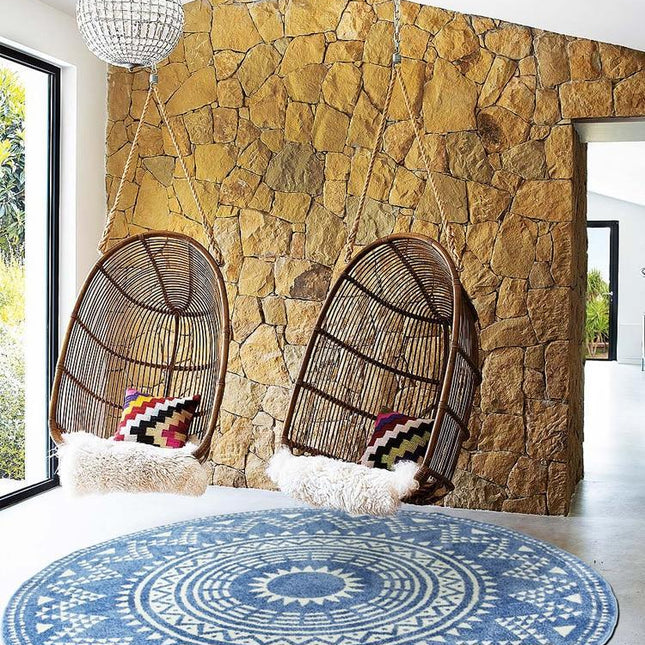 Runder Teppich Dunkelblau im Ethno Stil