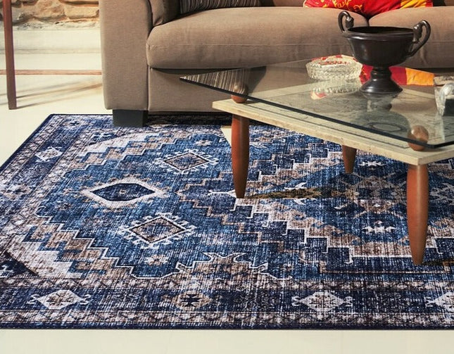 Blauer Vintage Teppich mit Ethno-Muster