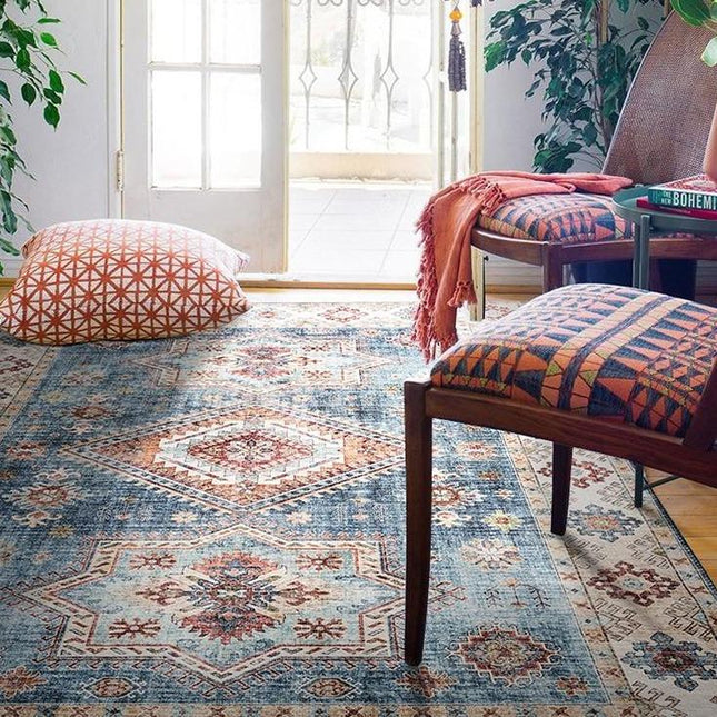 Boho Vintage Teppich in Blau-Beige